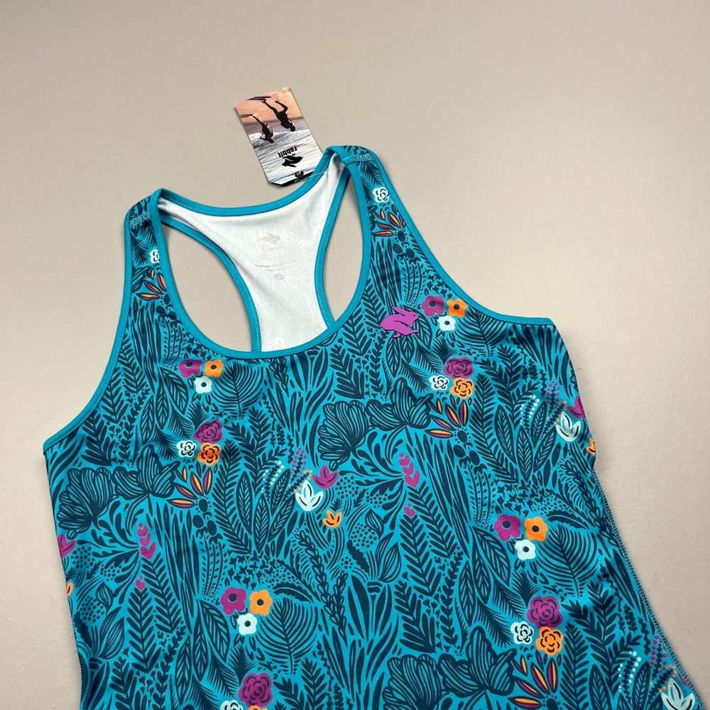 Rabbit EZ Tank Women Small Peacock Blue Floral Racerback Running Top RW197-318